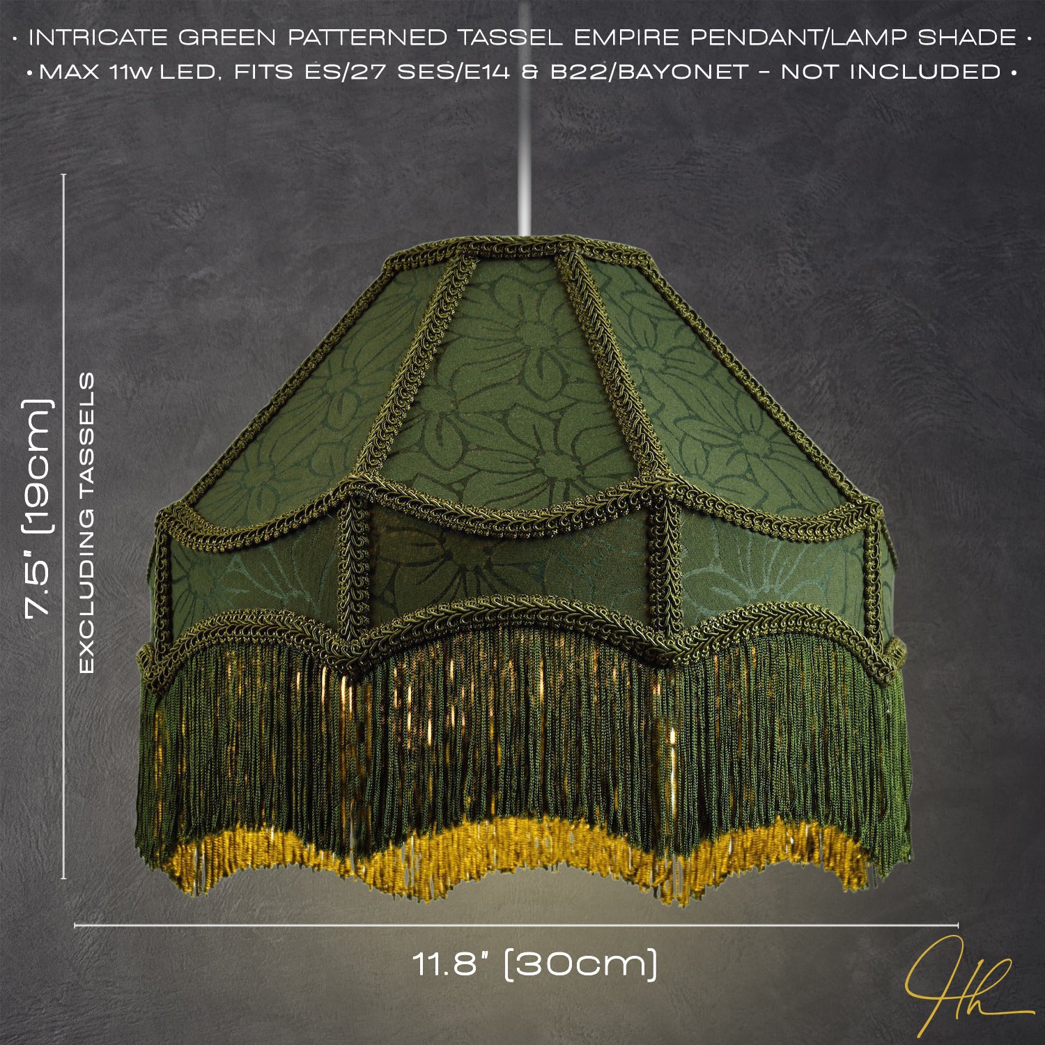 Classic Victorian Style Empire Pendant Shade in Forest Green Fabric with Tassels Image 6