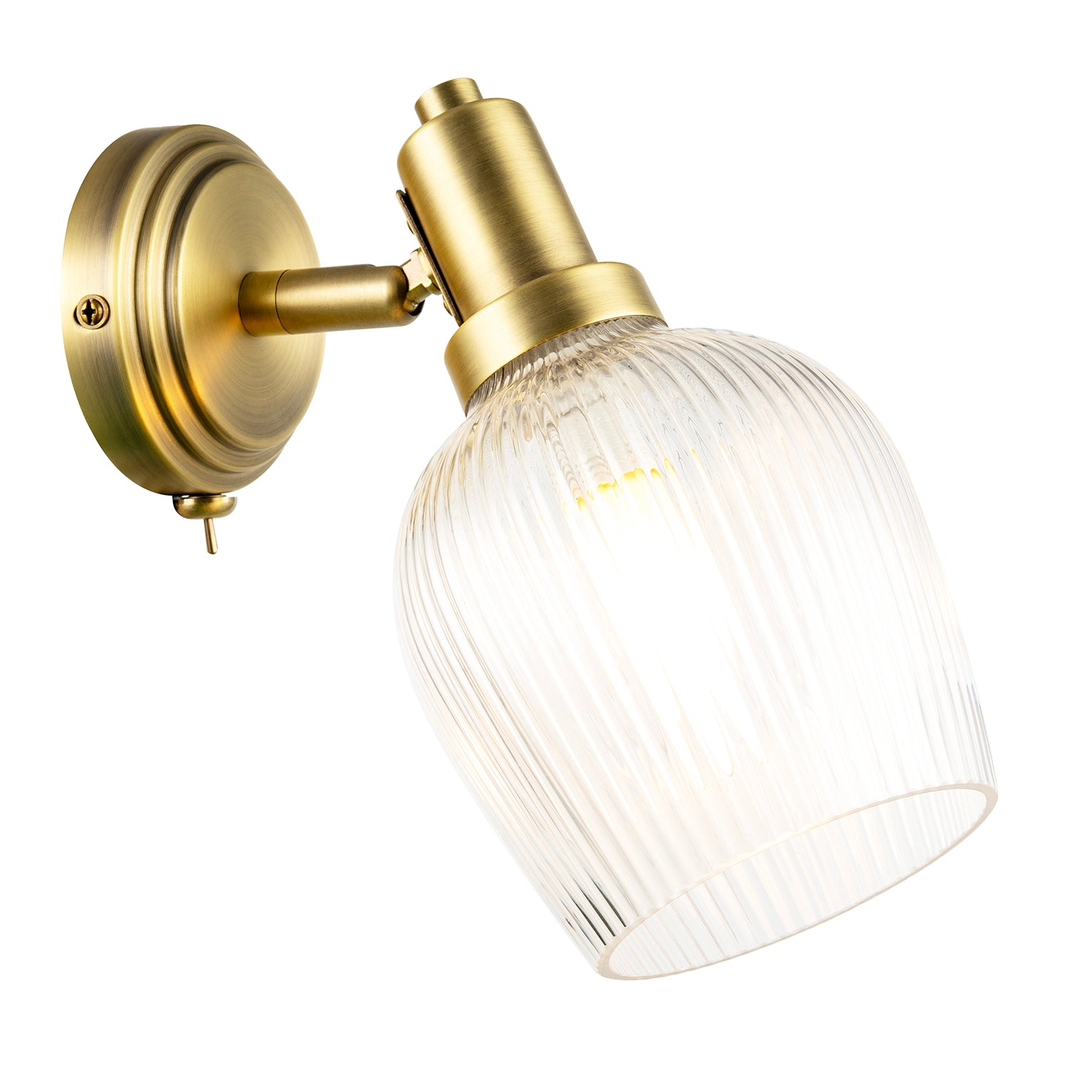 Classy Antique Brass Switched Wall Light with Clear Ribbed Glass Shade Image 2