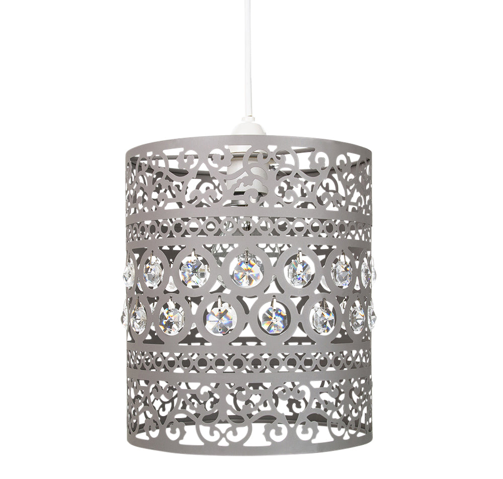 Traditional and Ornate Grey Easy Fit Pendant Shade with Clear Acrylic Droplets Image 1