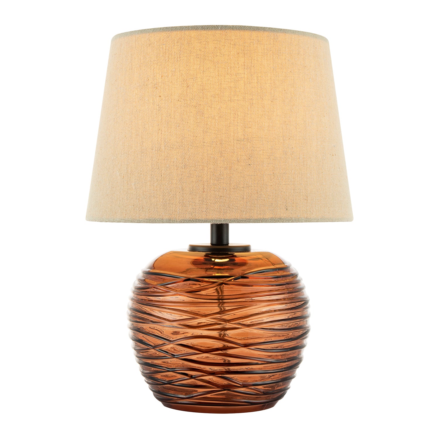 Modern Designer Amber Glass Table Lamp with Oatmeal Beige Linen Fabric Shade Image 1