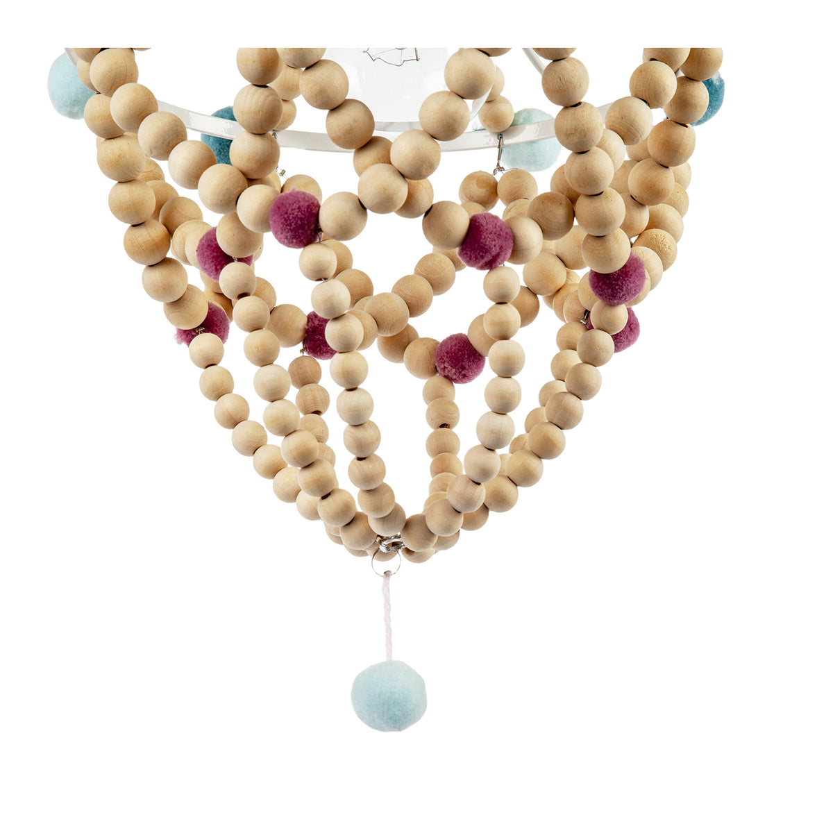 Wooden Beaded Chandelier Style Pendant Shade with Coloured Pom Poms Image 5