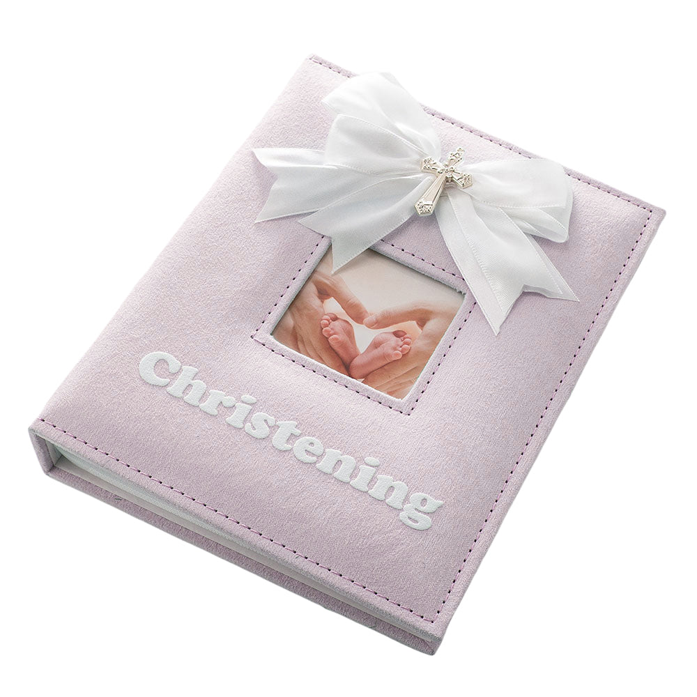 White Faux-Silk Bow and Silver Plated Cross Christening Photo Album in Pink Image 2