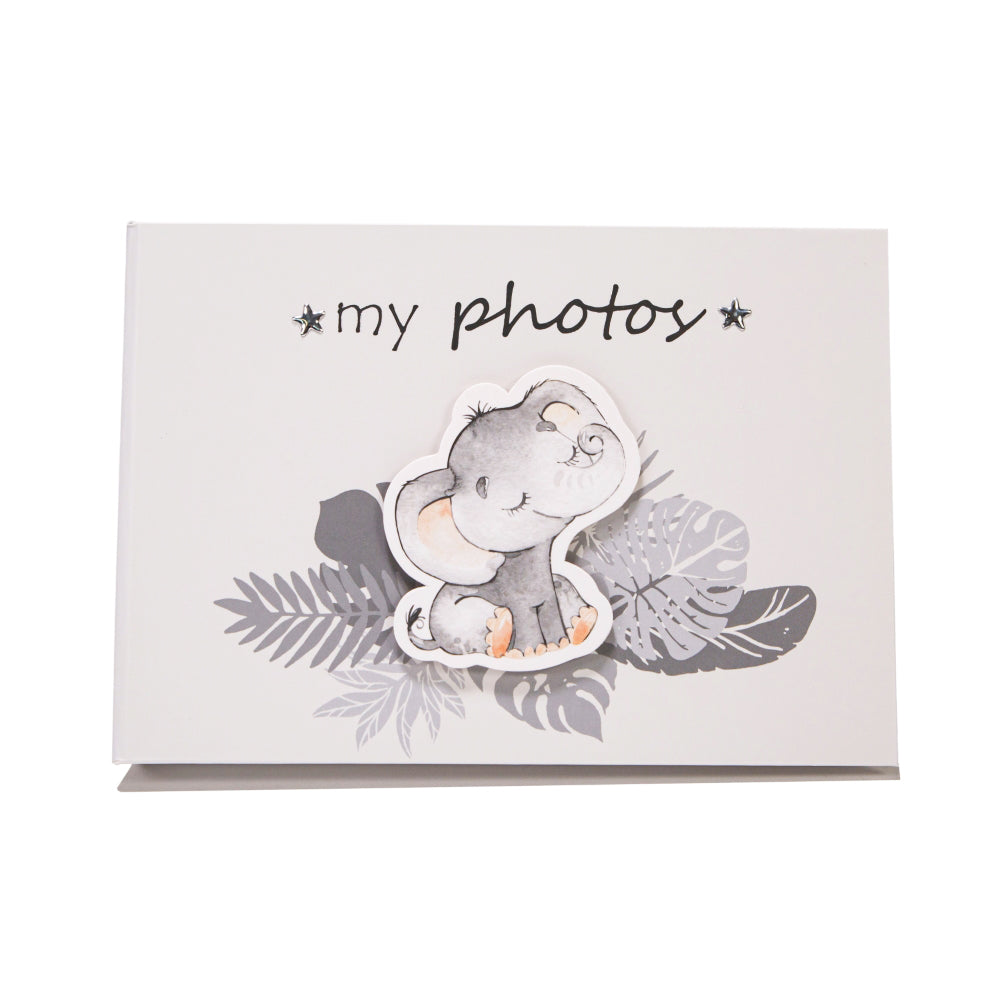 Cute Baby Elephant Grey Photo Album with Silver Stars and Palm Leaves Image 1