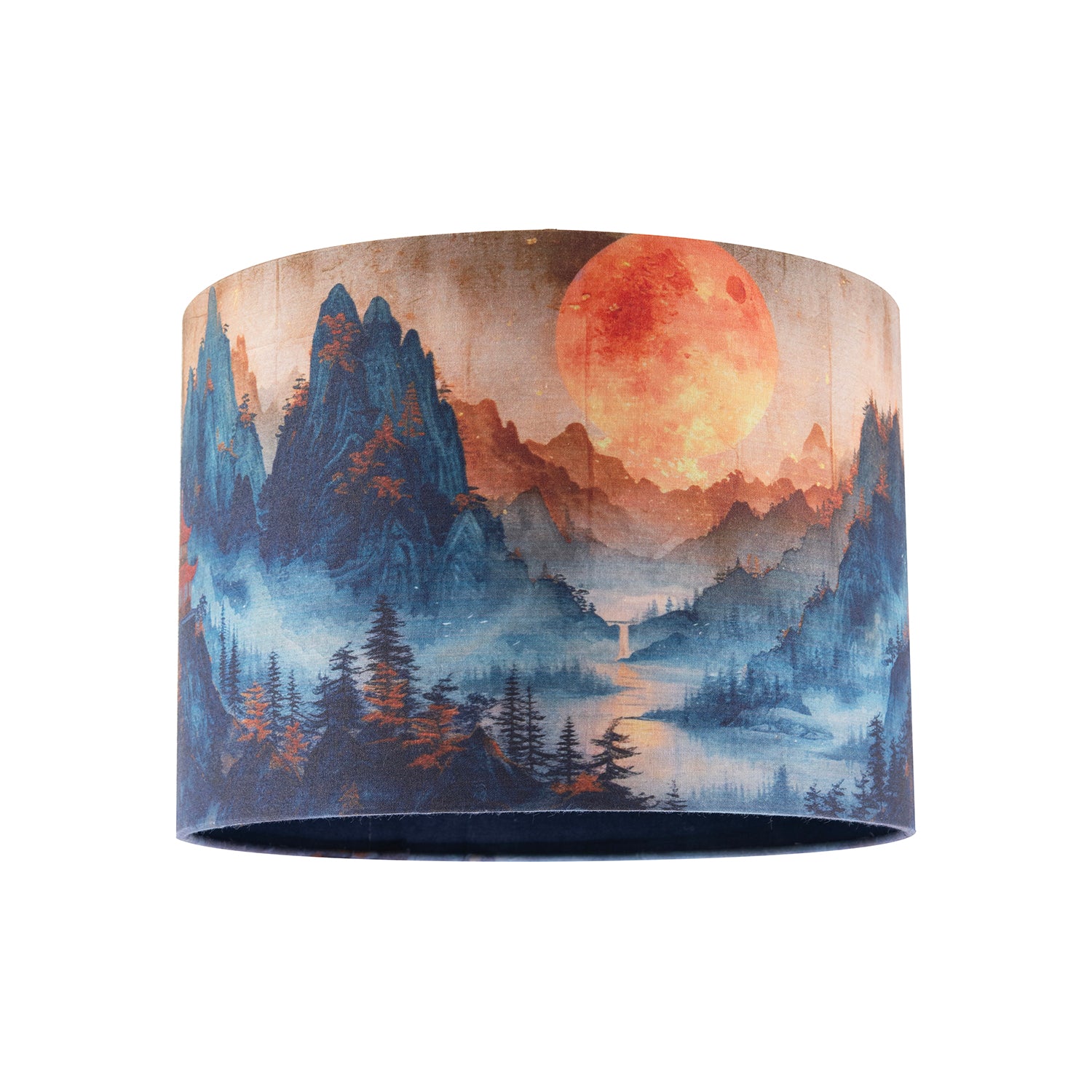 Japanese Themed Cotton Lamp Shade with Mountains Trees and Sunset Image 1
