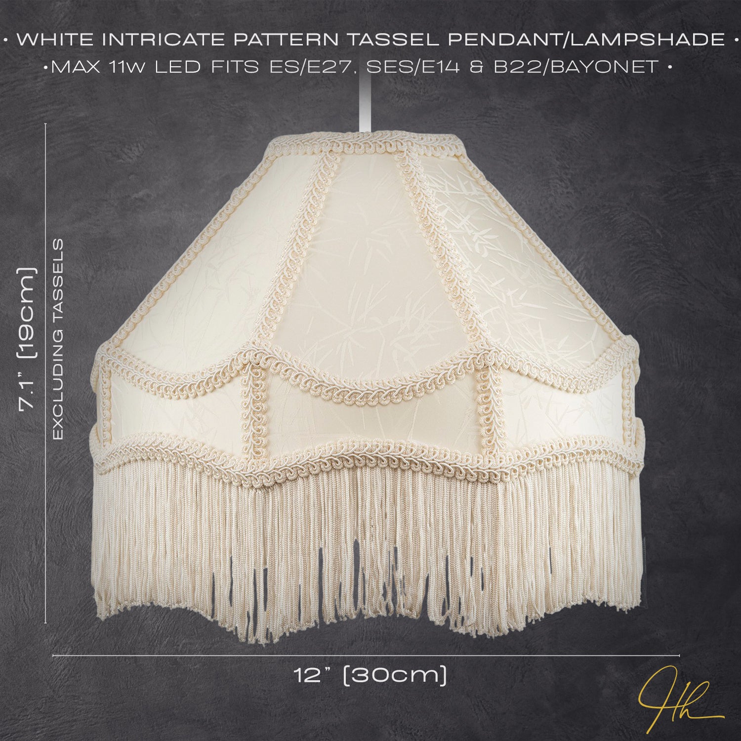 White Sleek Satin Victorian Lamp Shade with Floral Leaf Decor and White Tassels Image 6