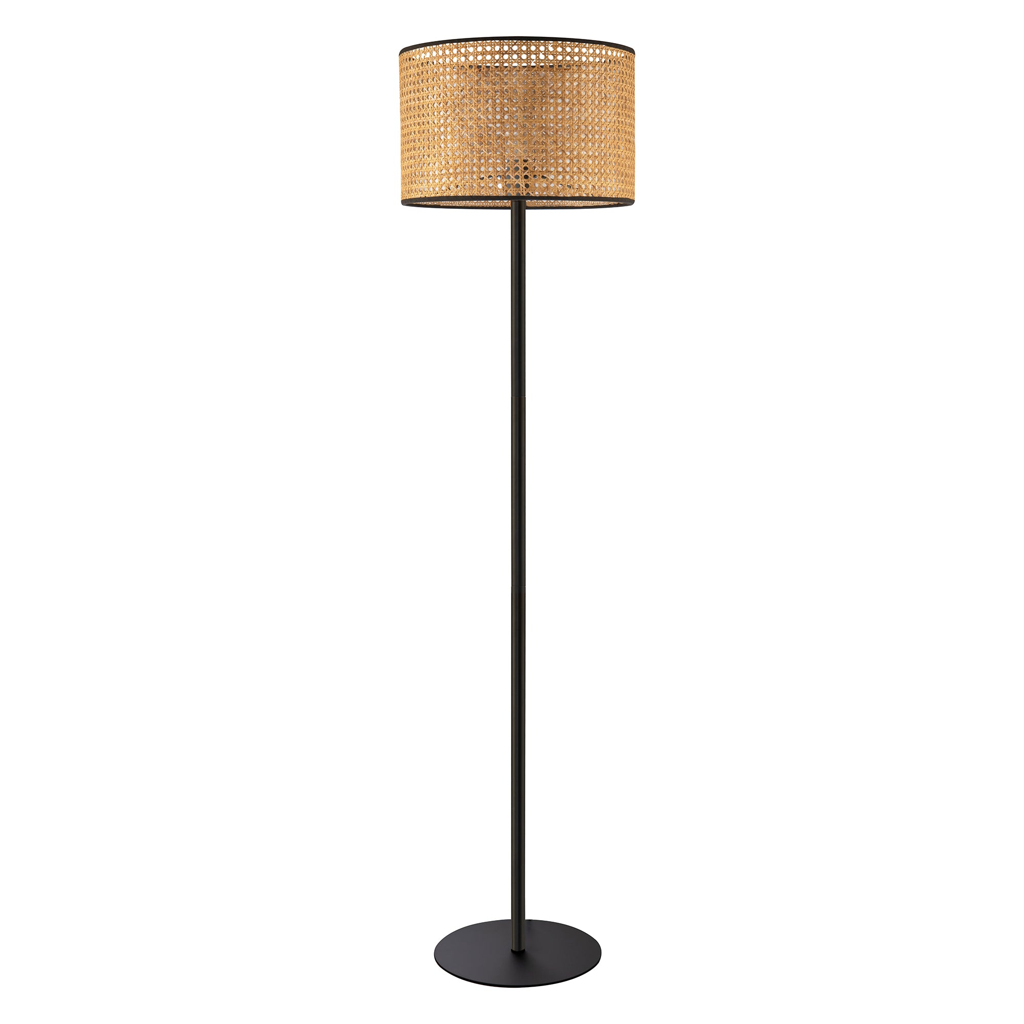 Classic Standing Floor Lamp in Matte Black with Circular Rattan Shade Image 2