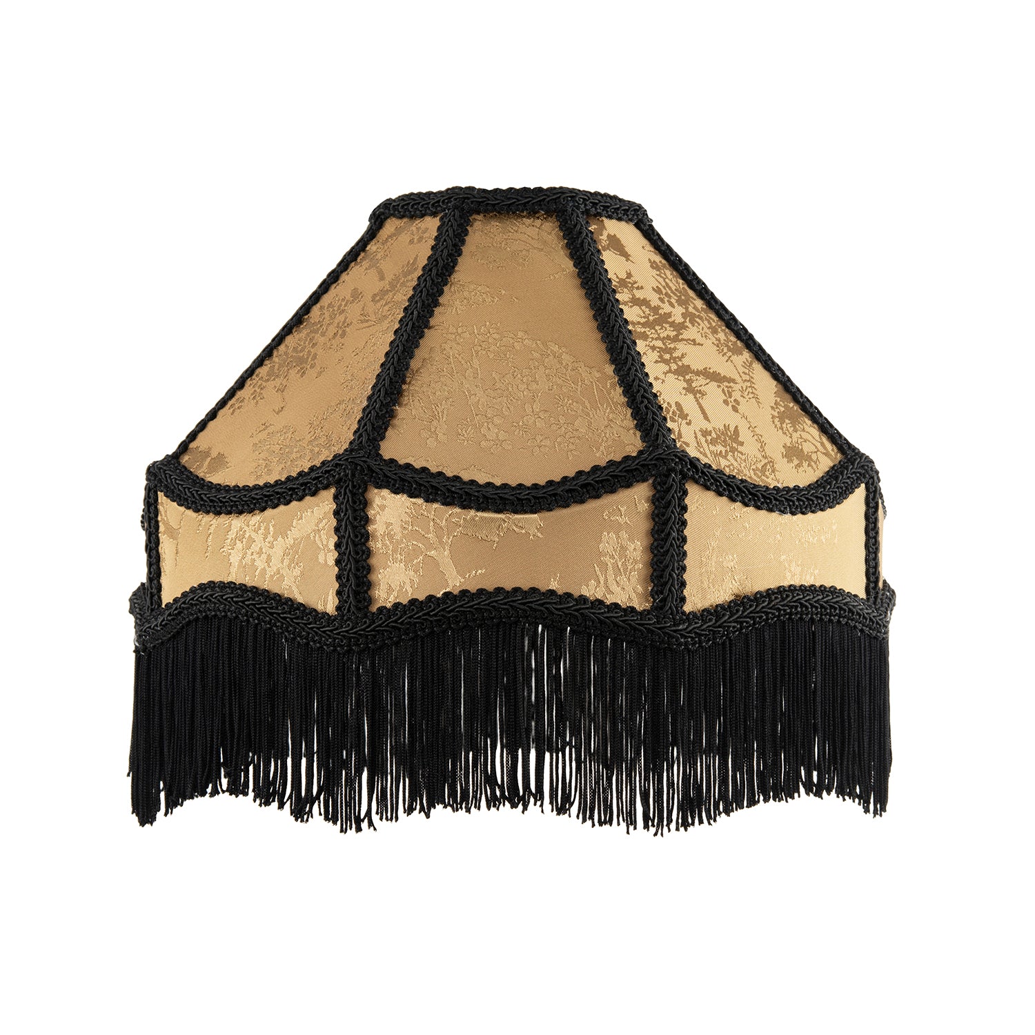 Gold Shimmer Victorian Lamp Shade with Floral Decoration and Black Long Tassels Image 1