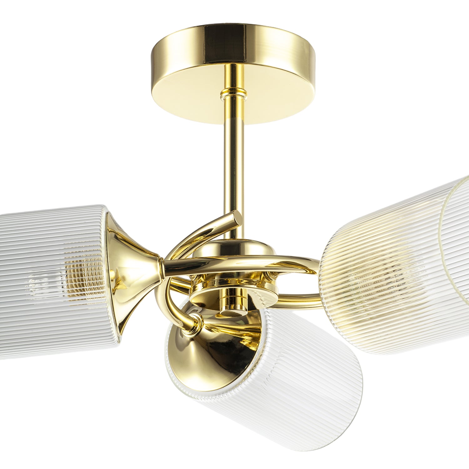 Modern Gold Ceiling Light with Cylindrical Lined Clear Glass Shades Image 8
