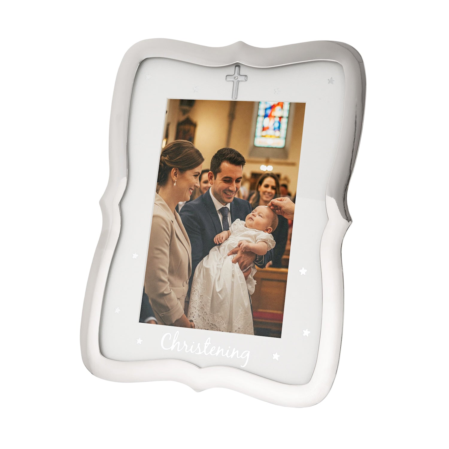 Christening Picture Frame Nickel Plated with Diamante Cross and Stars Image 1