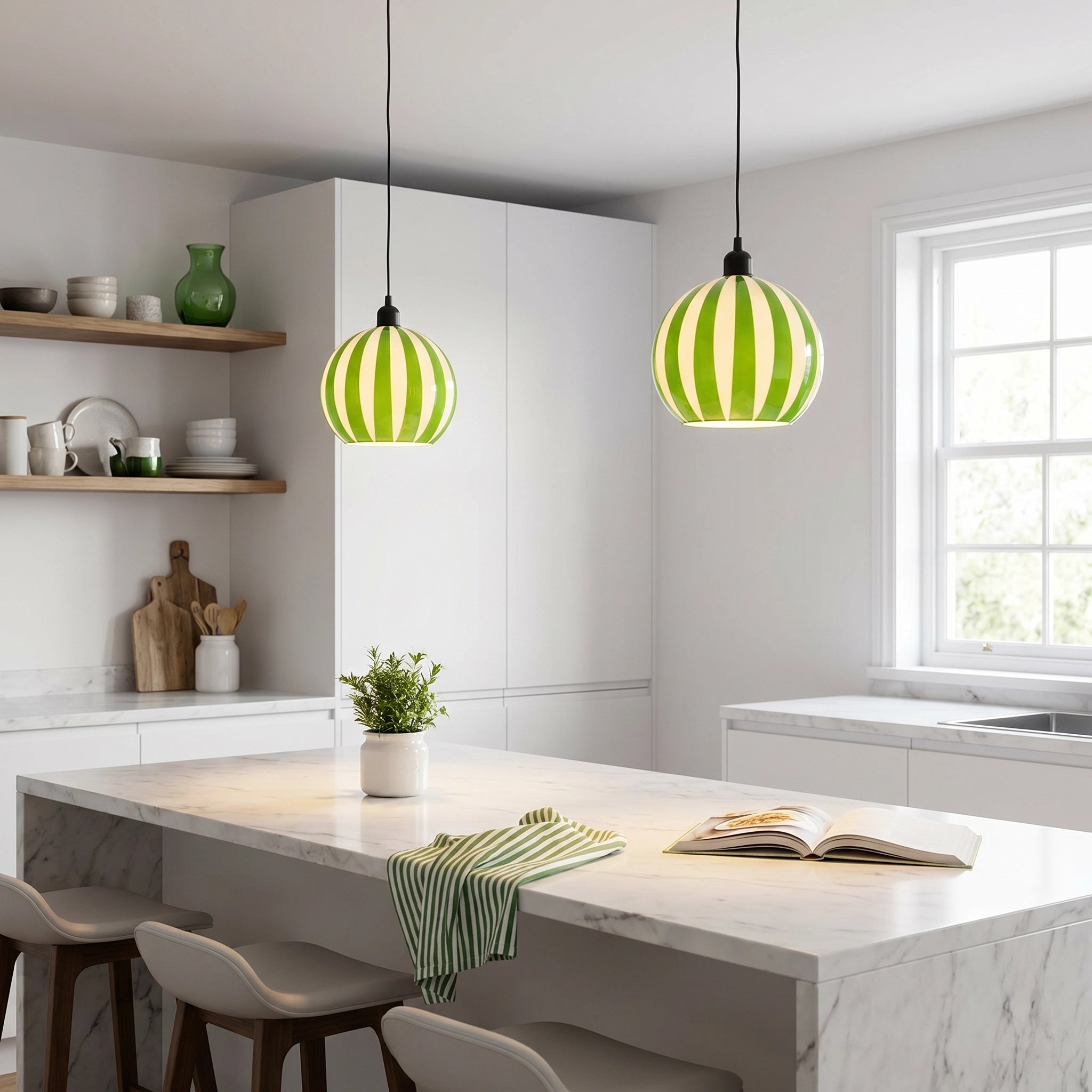 Green and White Striped High Gloss Glass Globe Pendant Light Shade Image 6