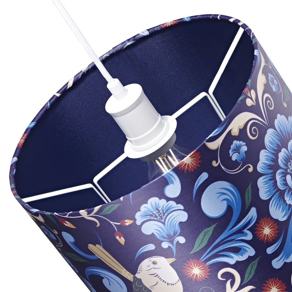 Vivid Floral Midnight Blue Satin Fabric 12" Drum Lamp Shade with Bird Decoration Image 5