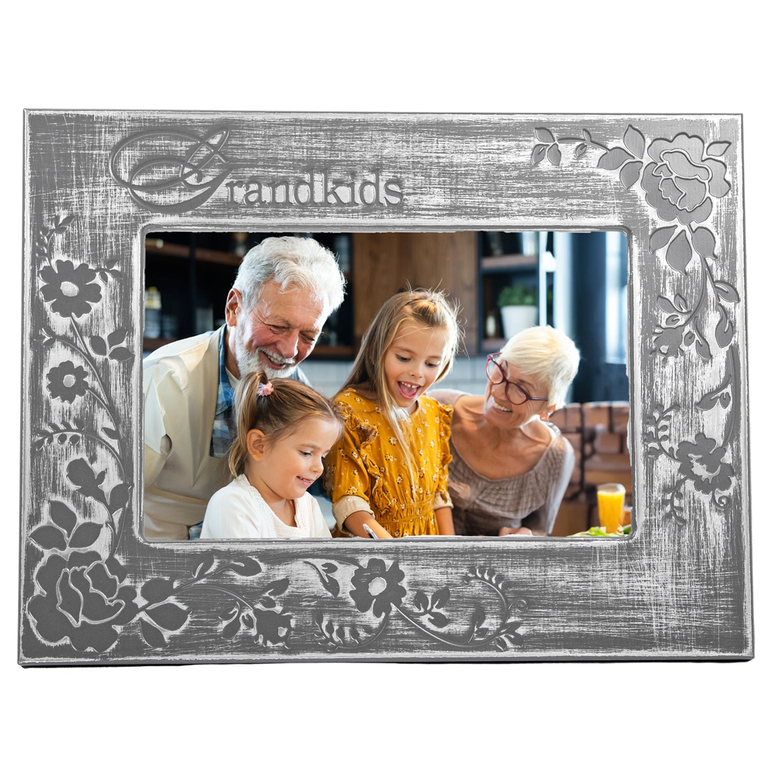 Galvanised Brushed Silver Grandkids Sentiment Picture Frame with Floral Decor Image 1