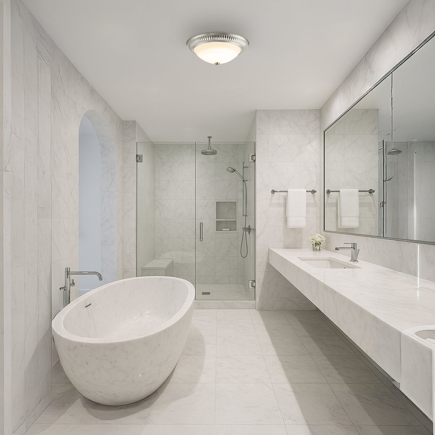 Modern LED IP44 Flush Ceiling Light in Satin Nickel with Sensor Image 6