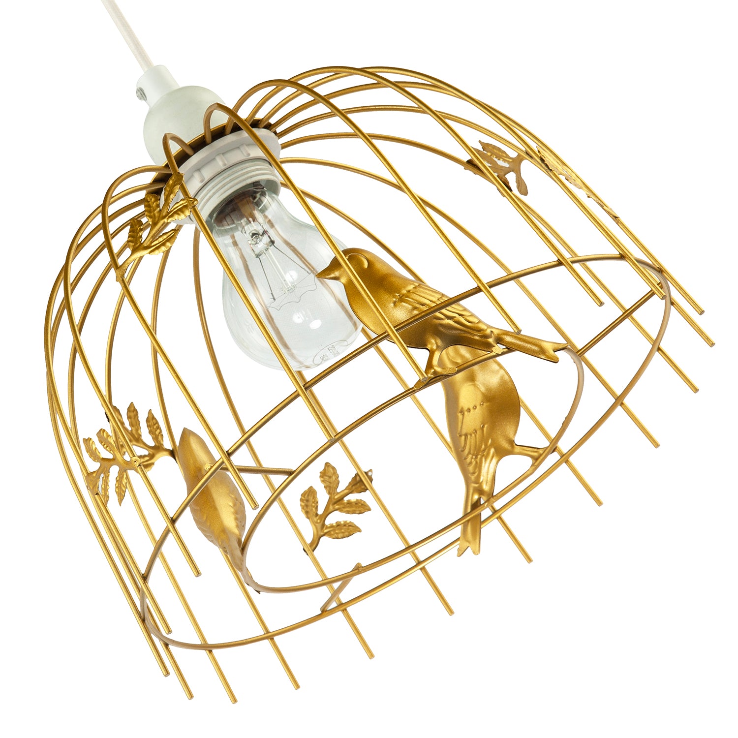 Chic Birdcage Pendant Shade in Satin Gold Metal with Birds and Leaves Image 4