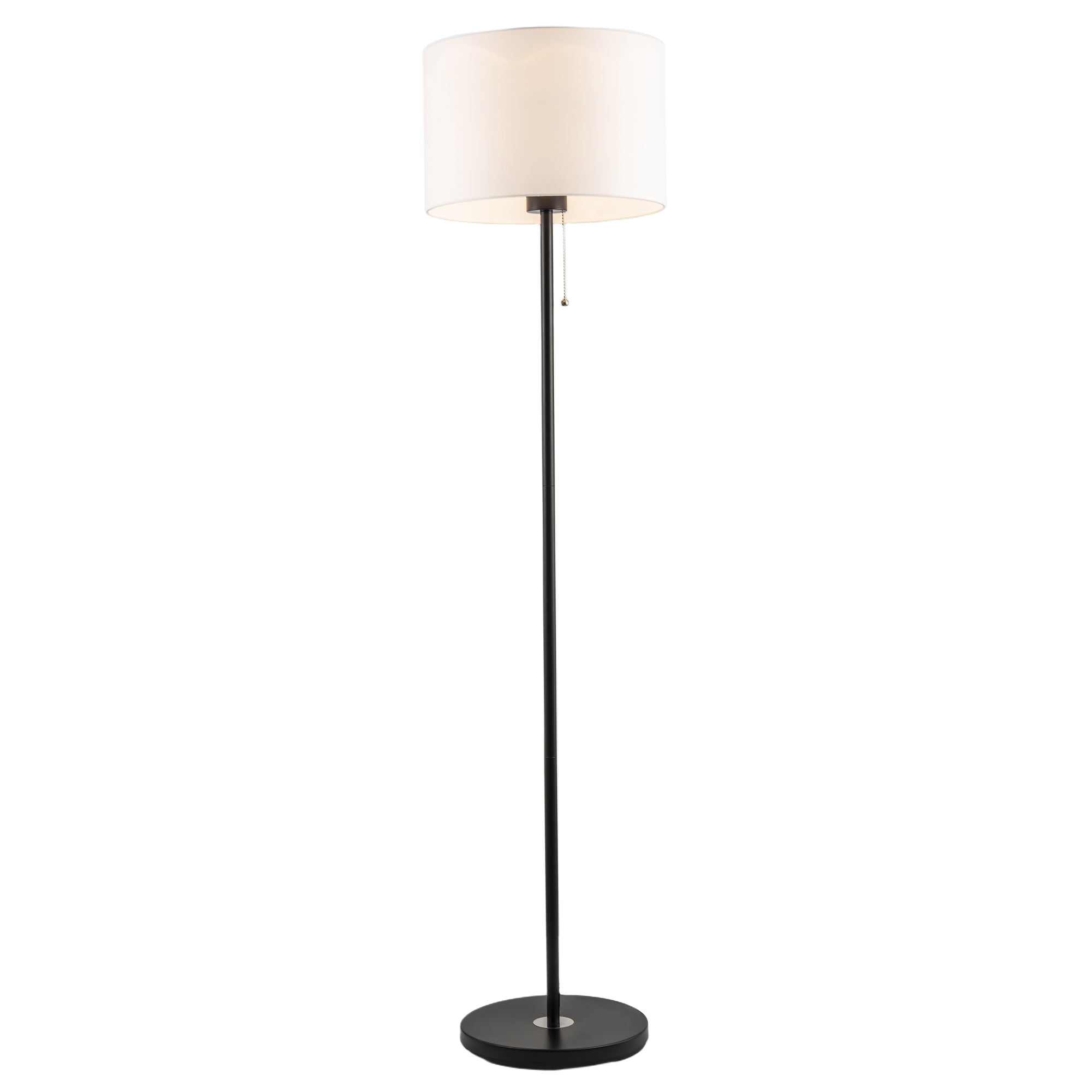Classic Matte Black Floor Lamp with Metal Pull Switch and Cotton Shade Image 2
