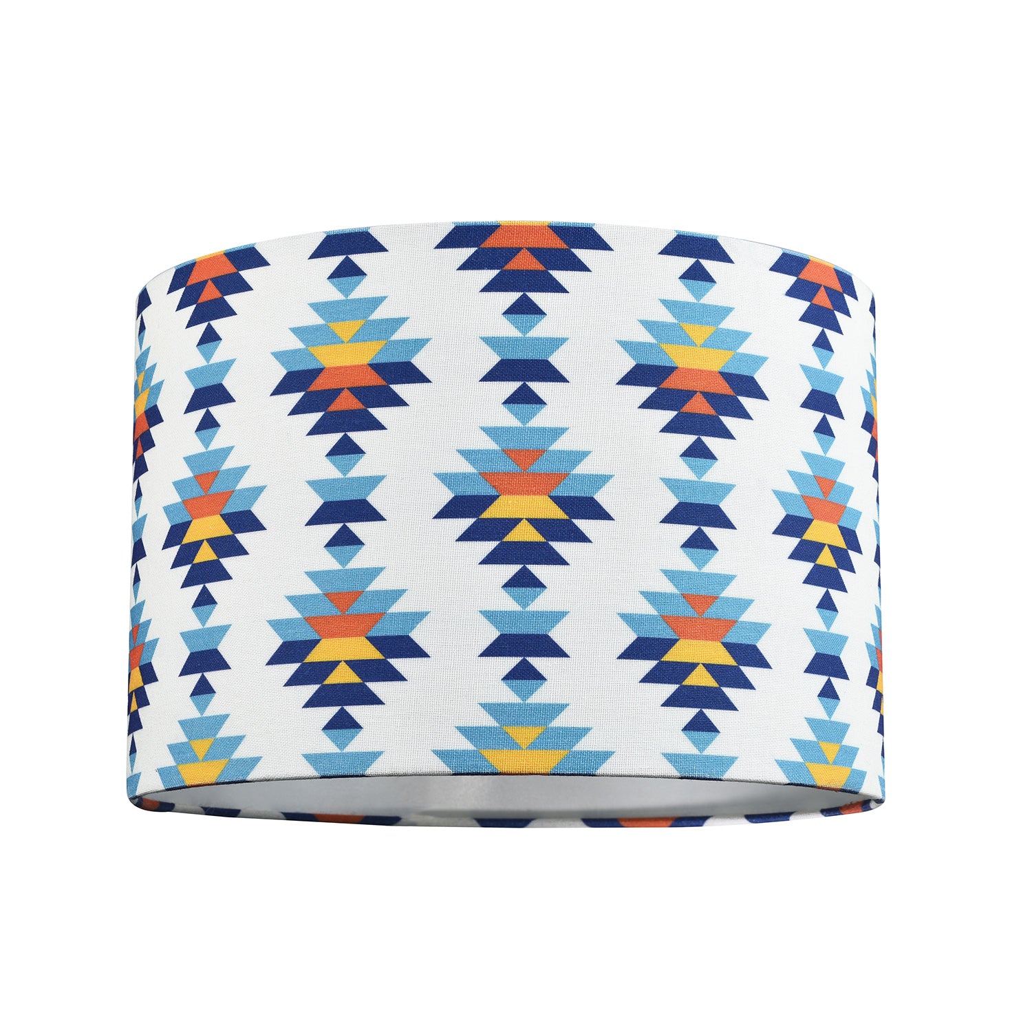 Colourful Boho Geometric 12 Inch Drum Lamp Shade in White with Blues and Oranges Image 1