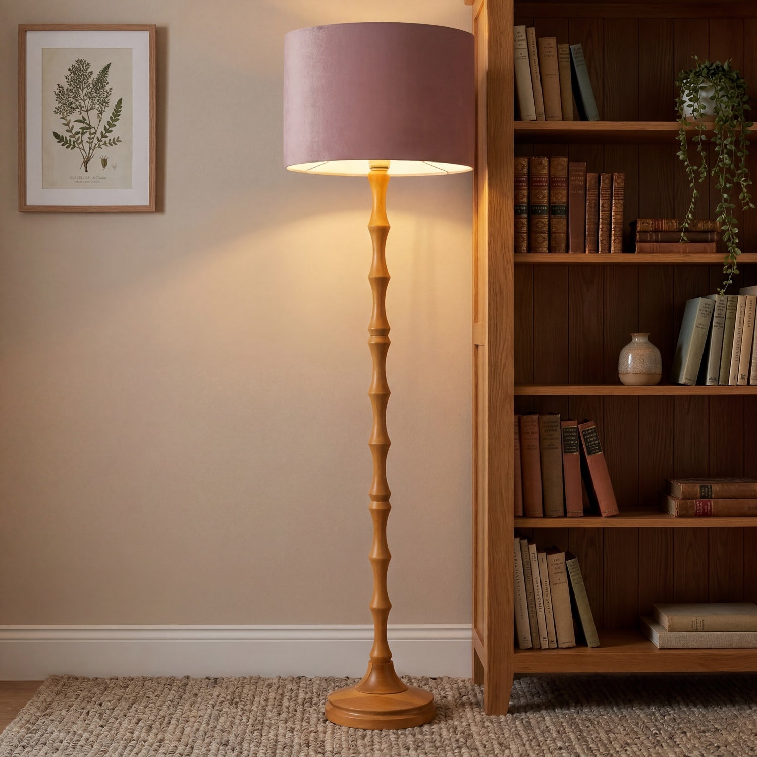 Traditional Oak Wood Standing Floor Lamp Base with Bamboo Pole Design Image 6