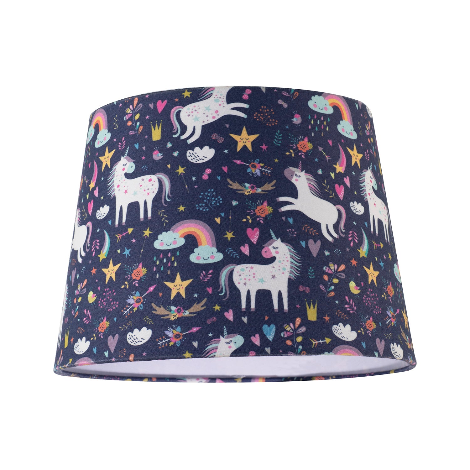 Unicorn Themed Childrens Lampshade with Rainbows and Colourful Flowers Image 1