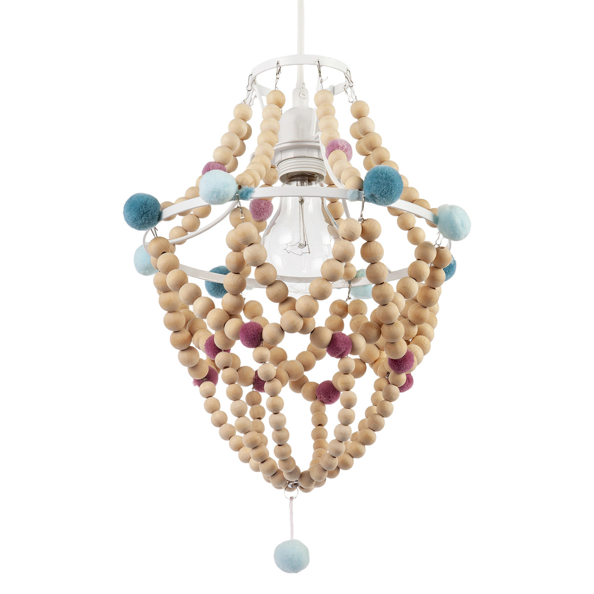 Wooden Beaded Chandelier Style Pendant Shade with Coloured Pom Poms Image 4