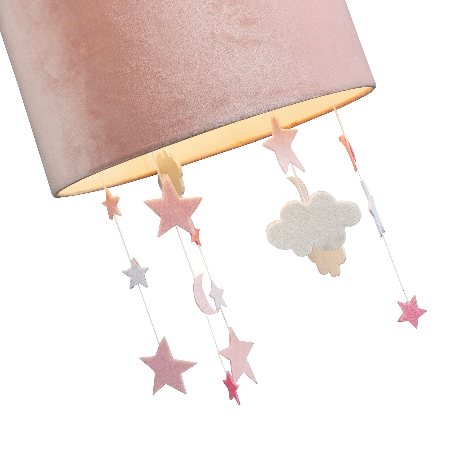 Soft Blush Pink Velvet Pendant Lamp Shade with Hanging Felt Stars and Clouds Image 4