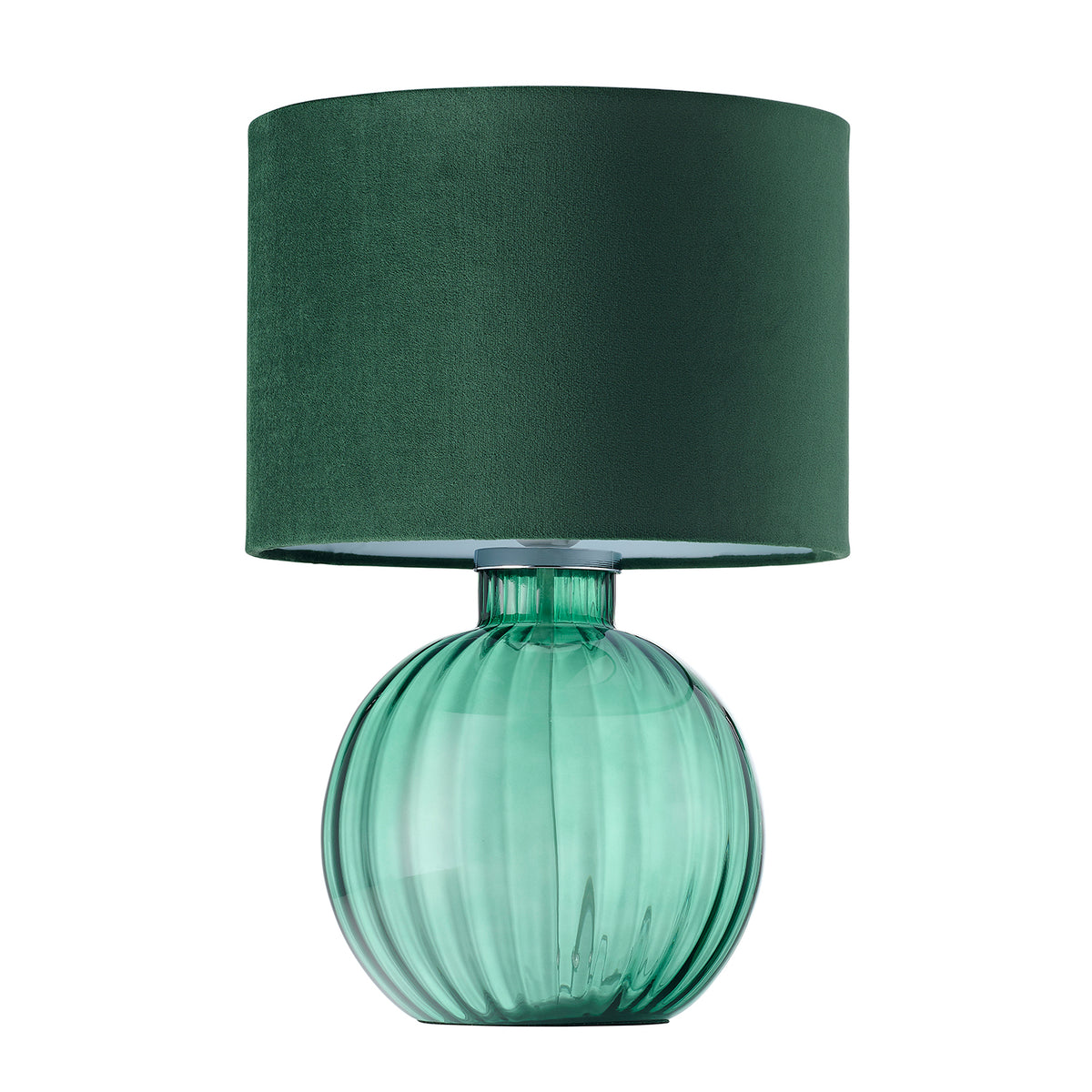 Contemporary Emerald Ribbed Glass Table Lamp Forest Green Velvet Shade