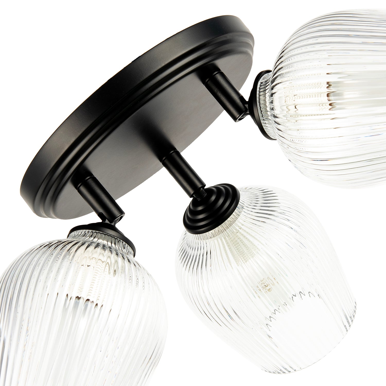 Matte Black Triple Spot Ceiling Light with Clear Ribbed Glass Shades Image 4