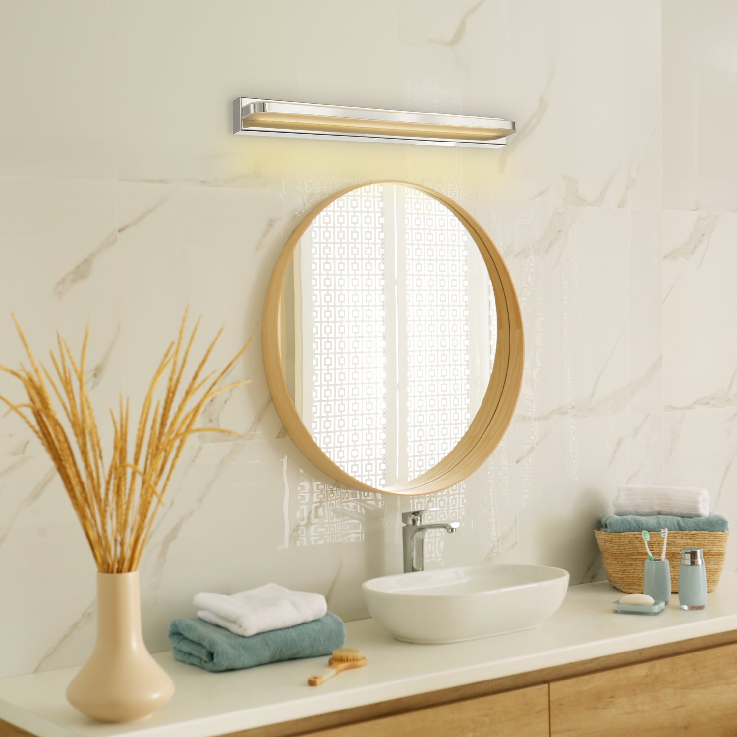 Modern Chrome Plated LED Bathroom Strip Wall Lamp with Switch Button and Glass Image 6