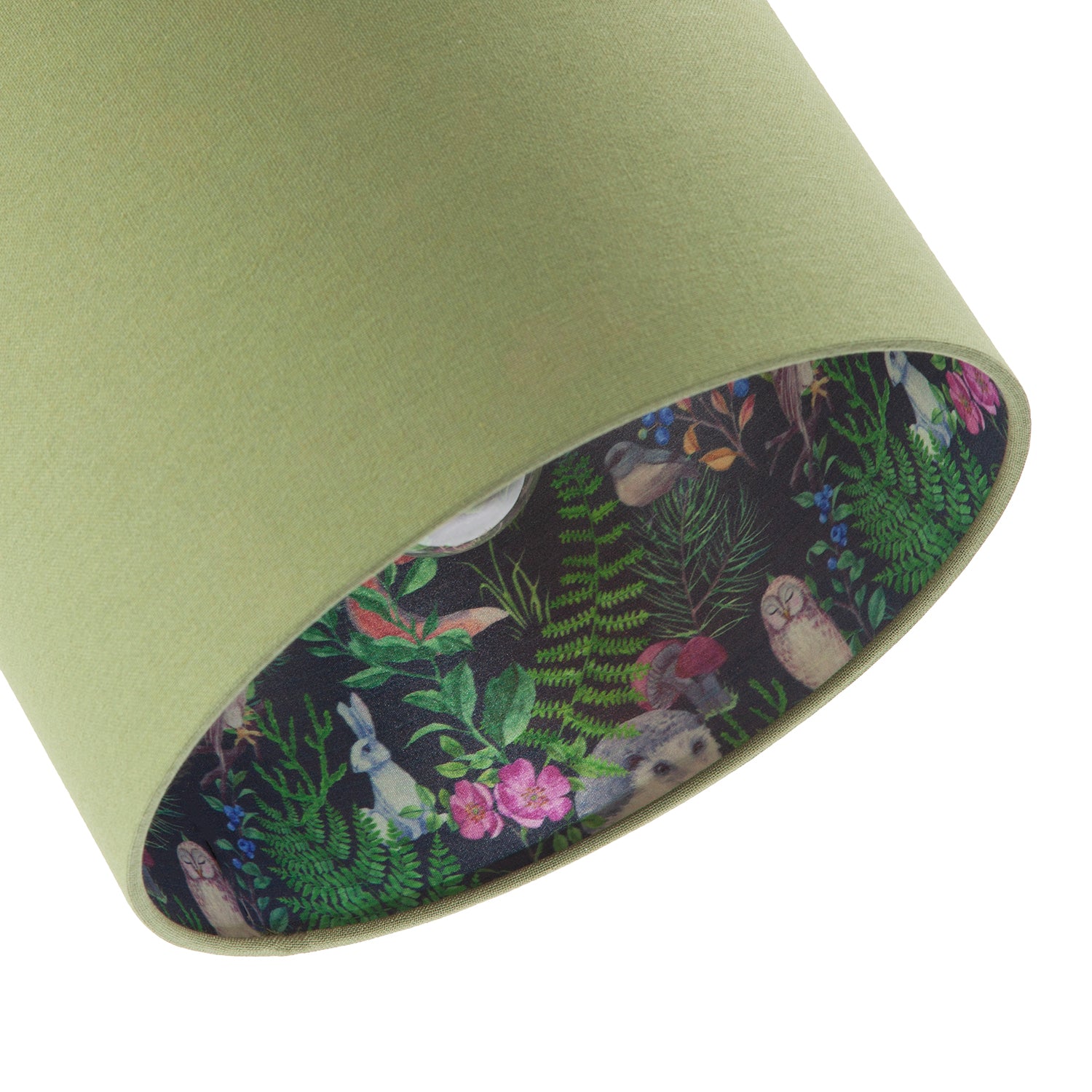 Woodland Animals and Forest Drum Lamp Shade with Olive Green Linen Image 5