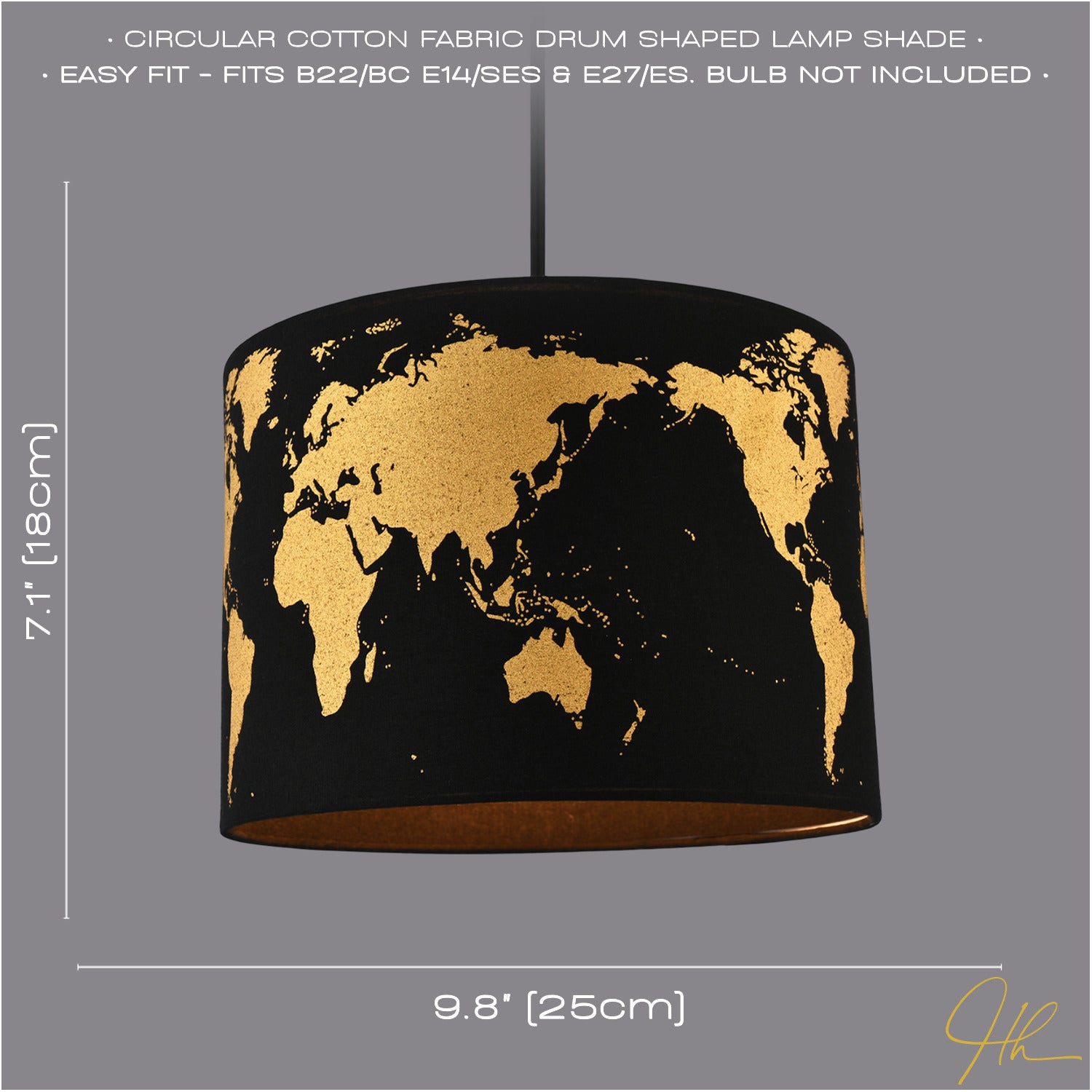 Modern Shiny Gold Foil World Map Lamp Shade in Black Cotton Fabric Image 6