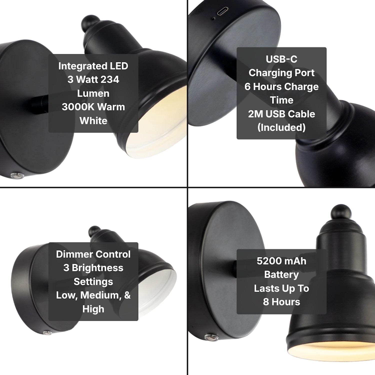 Modern Rechargeable Dimmable Spot Wall Light Fitting in Matte Black Image 8