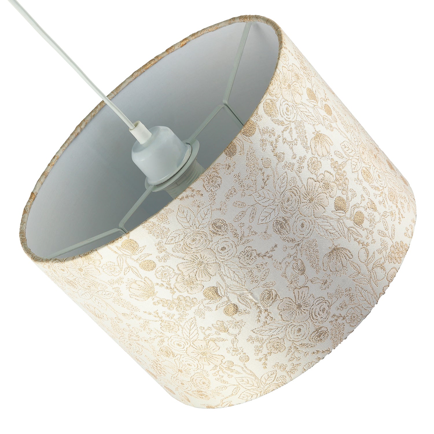 Chic Textured Off-Cream Jacquard Drum Shade with Gold Foil Decor Print Image 5