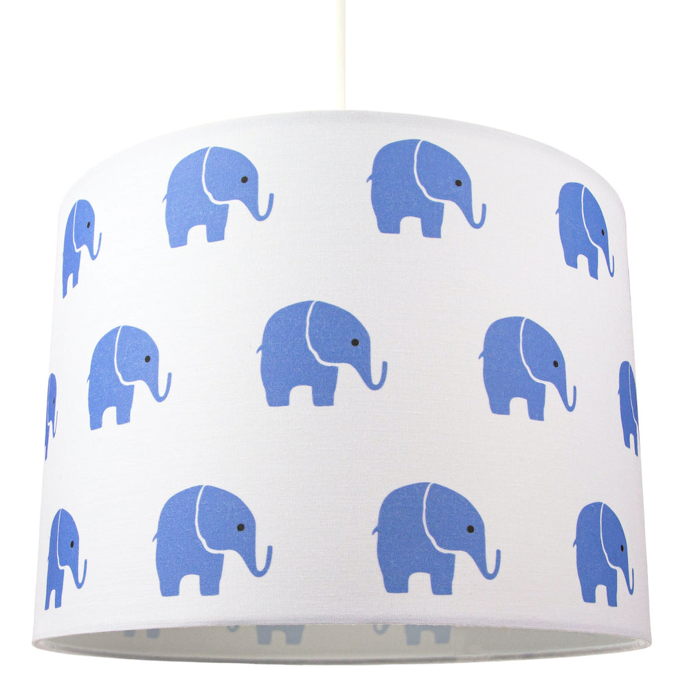 Blue Elephants Children's/Kids White Cotton Fabric Bedroom Lamp or Pendant Shade Image 2