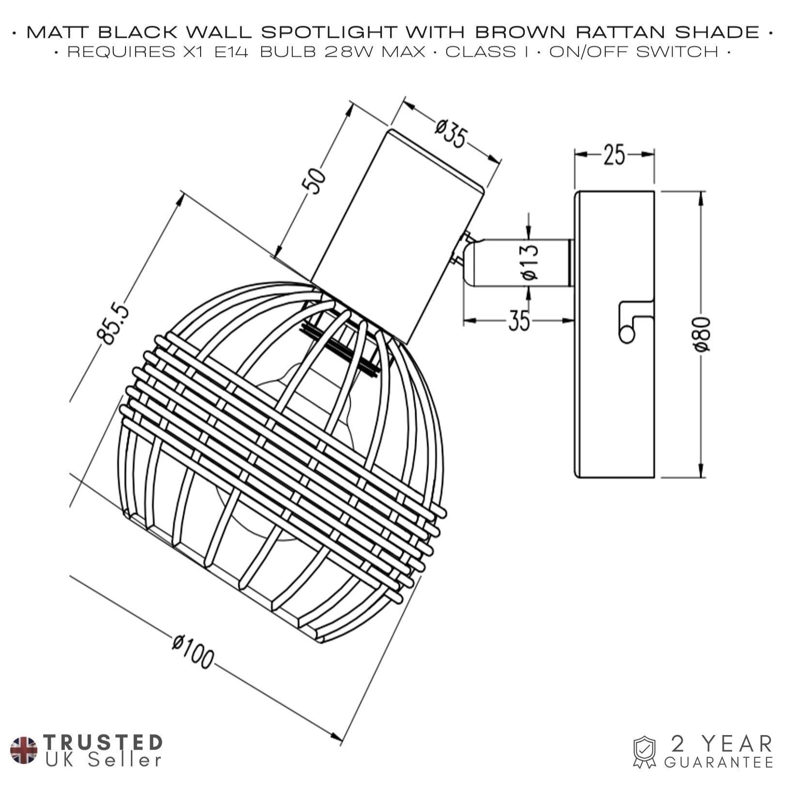 Industrial and Vintage Black Switched Wall Light with Dark Rattan Framed Shade Image 5