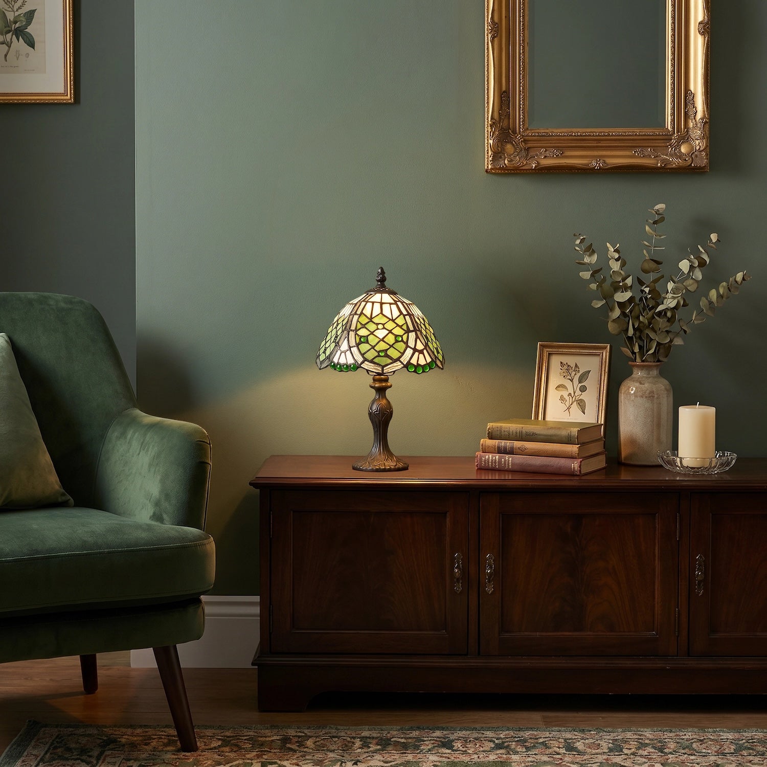 Classic Hand Crafted Round Beaded Tiffany Table Lamp in Toned Green Image 6
