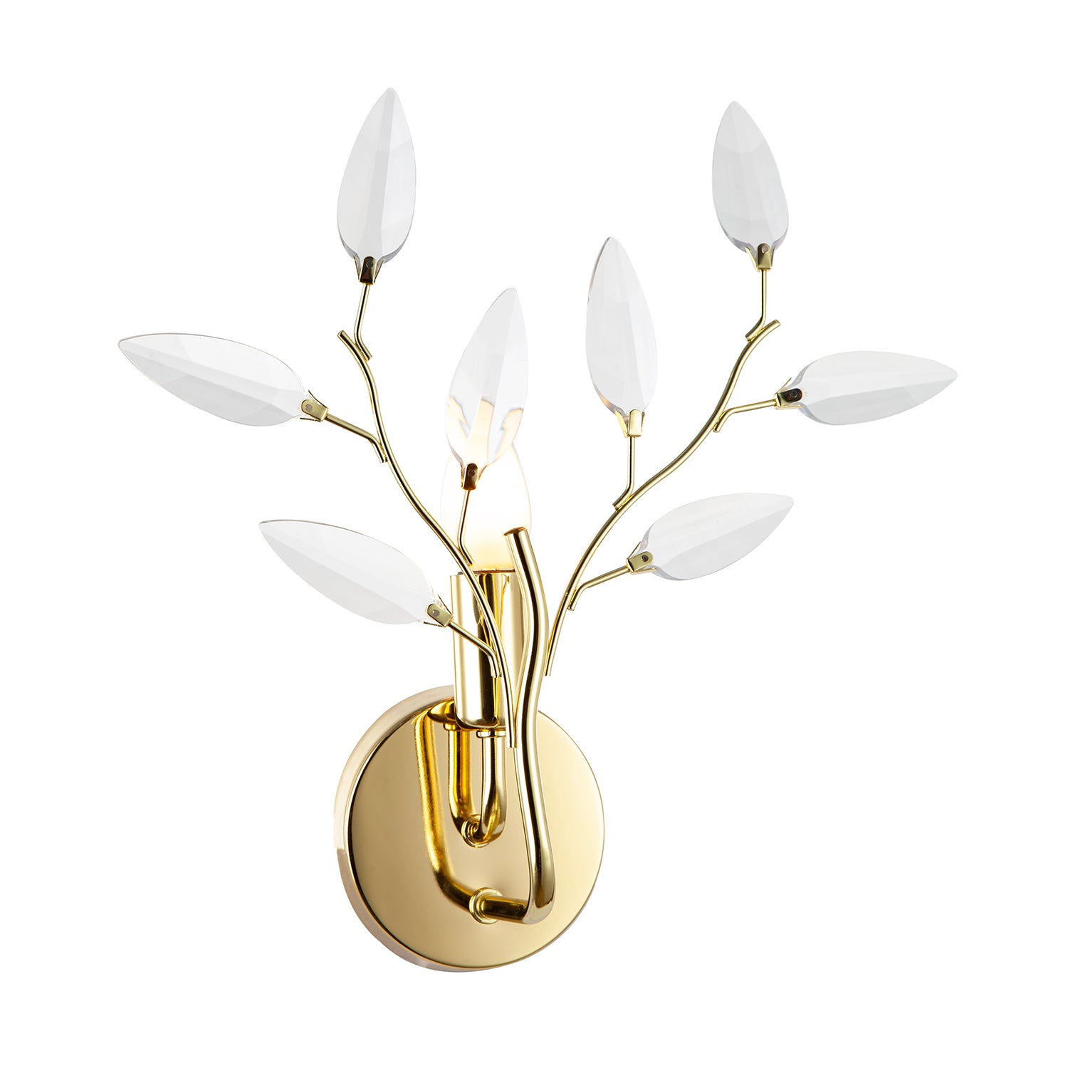 Modern Birch Polished Brass Plated Wall Light Fixture with Clear Acrylic Leaves Image 1