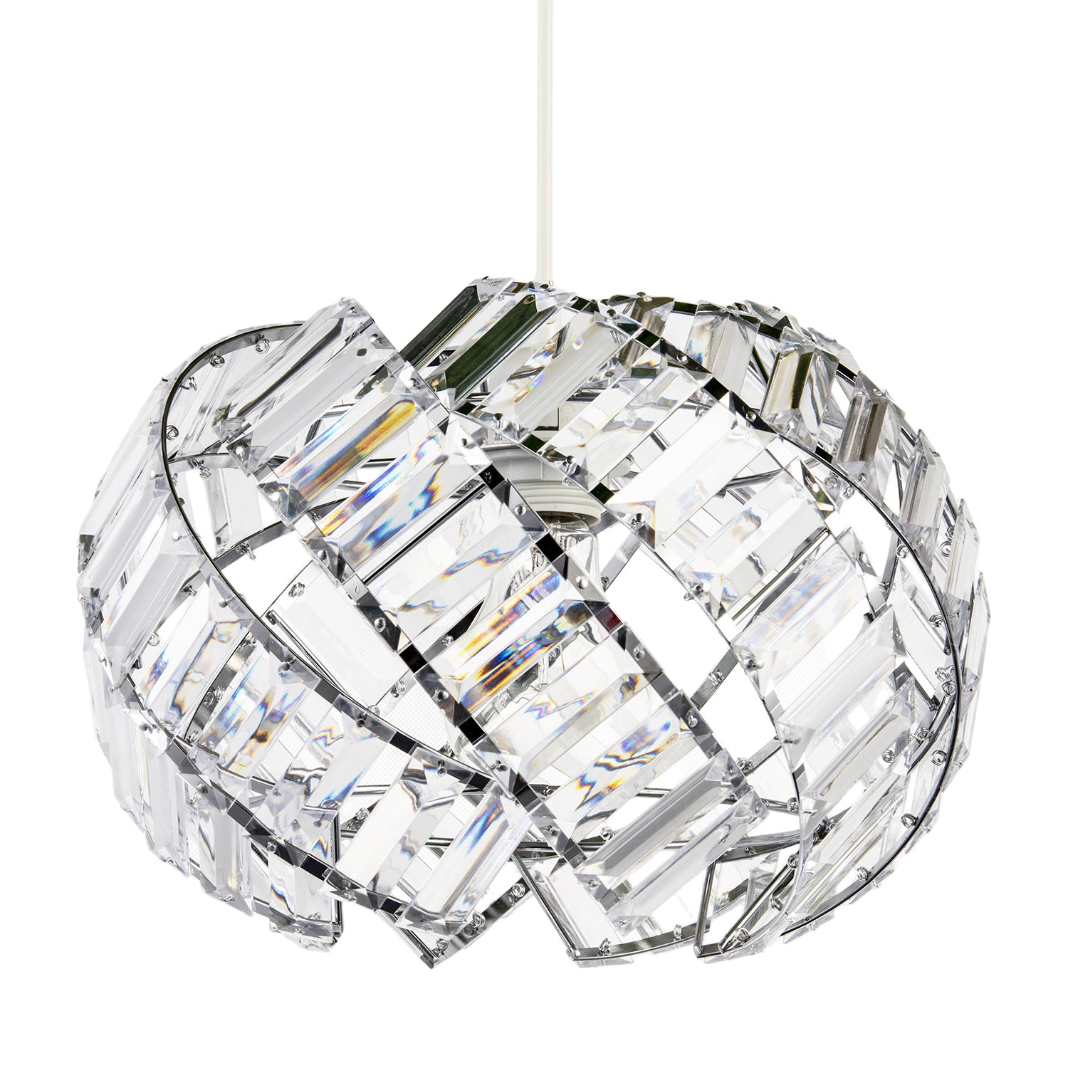 Modern Chrome Pendant Lamp Shade with Curved Strips and Acrylic Prisms Image 1