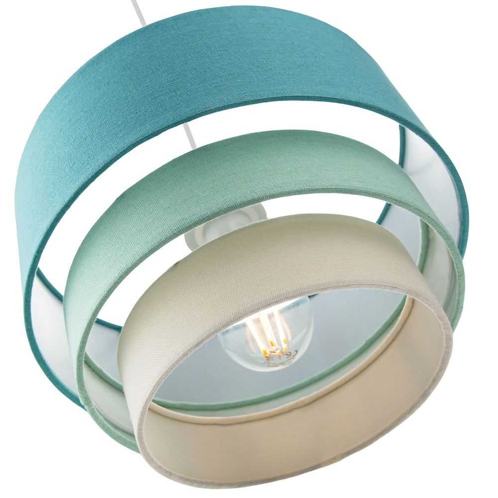 Contemporary Triple Tier Teal Duck Egg & Cream Linen Fabric Pendant Light Shade Image 4