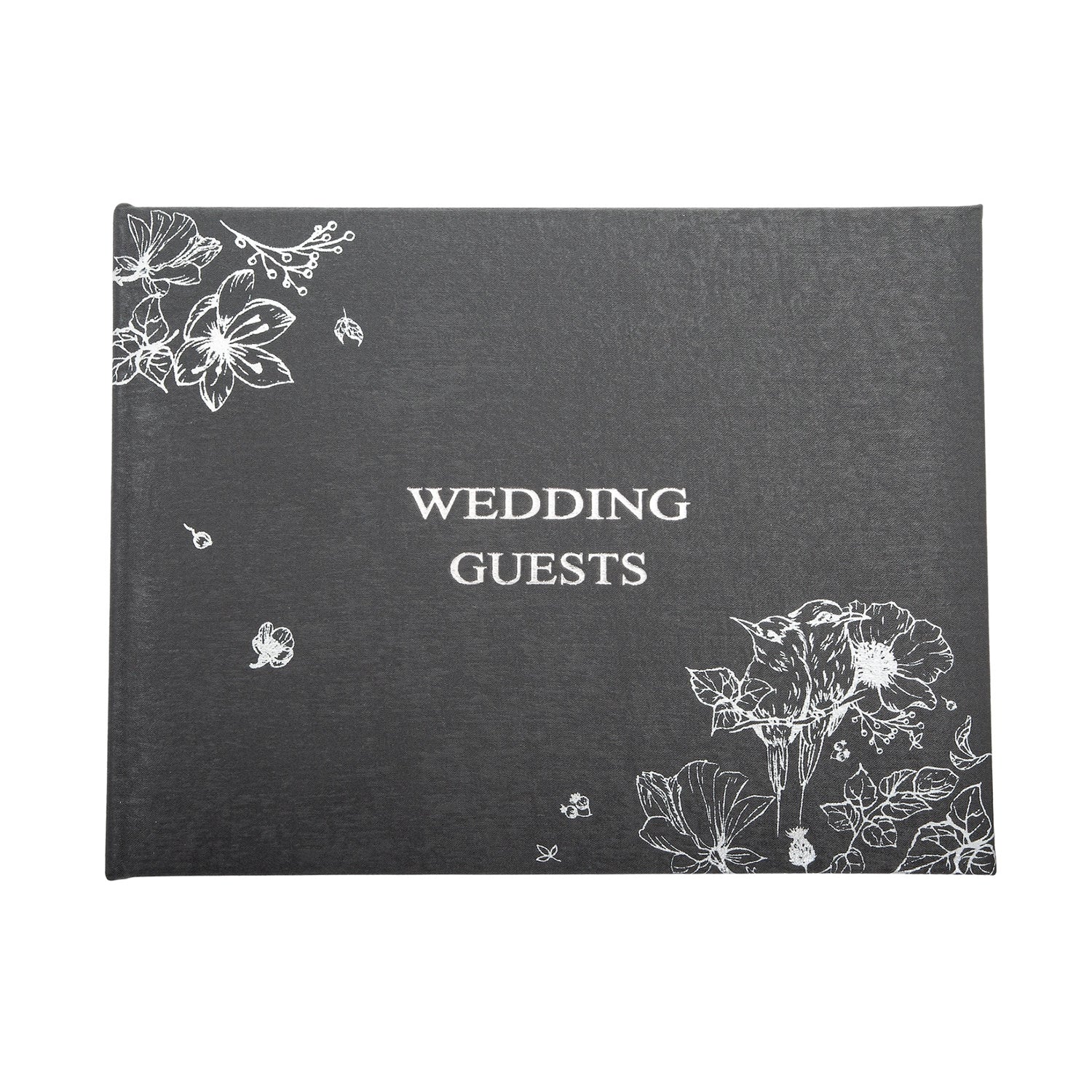 Beautiful Black Satin Fabric Wedding Day Guest Book with Silver Floral Decor Image 1