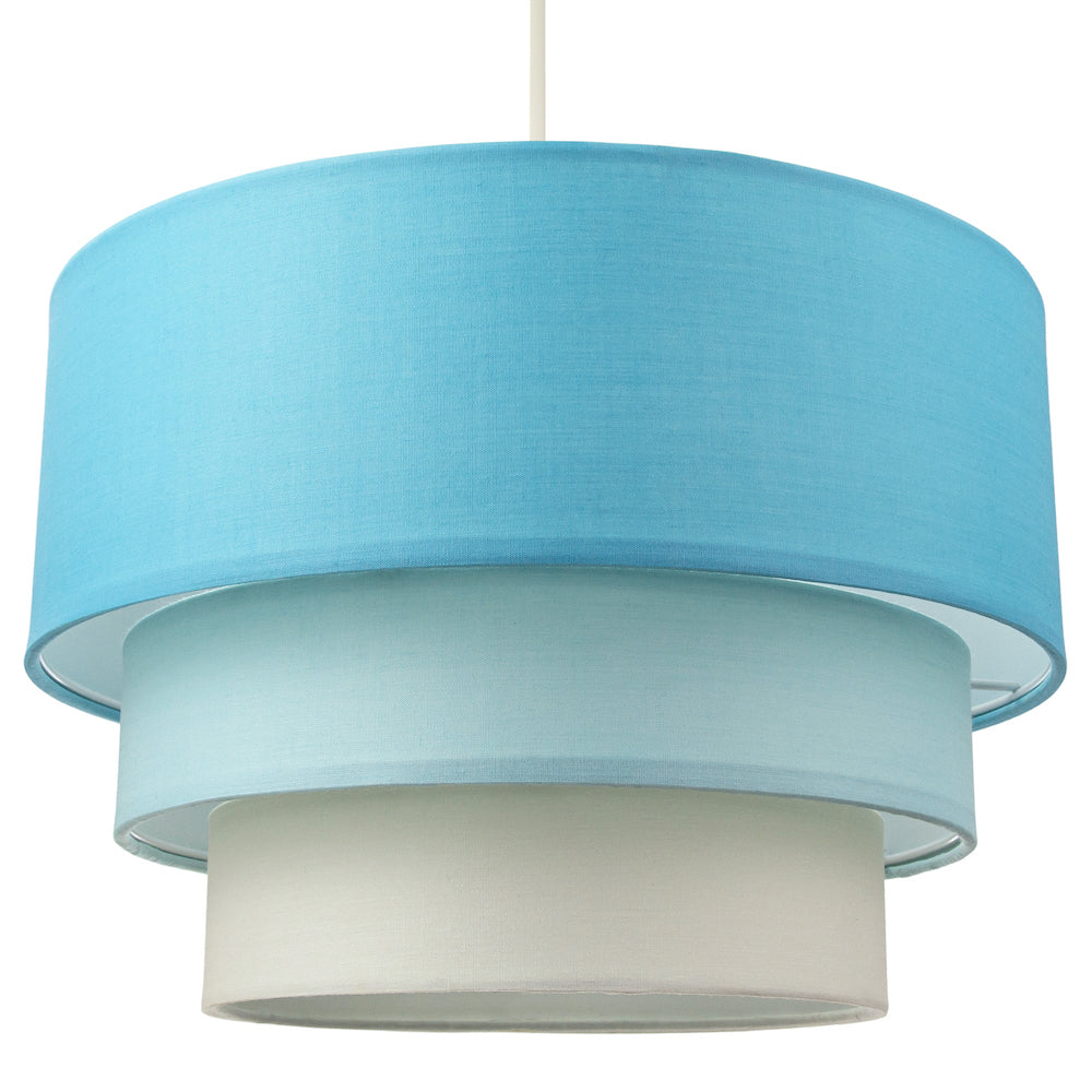 Contemporary Round Triple Tier Teal/Blue Cotton Fabric Pendant Light Shade Image 1