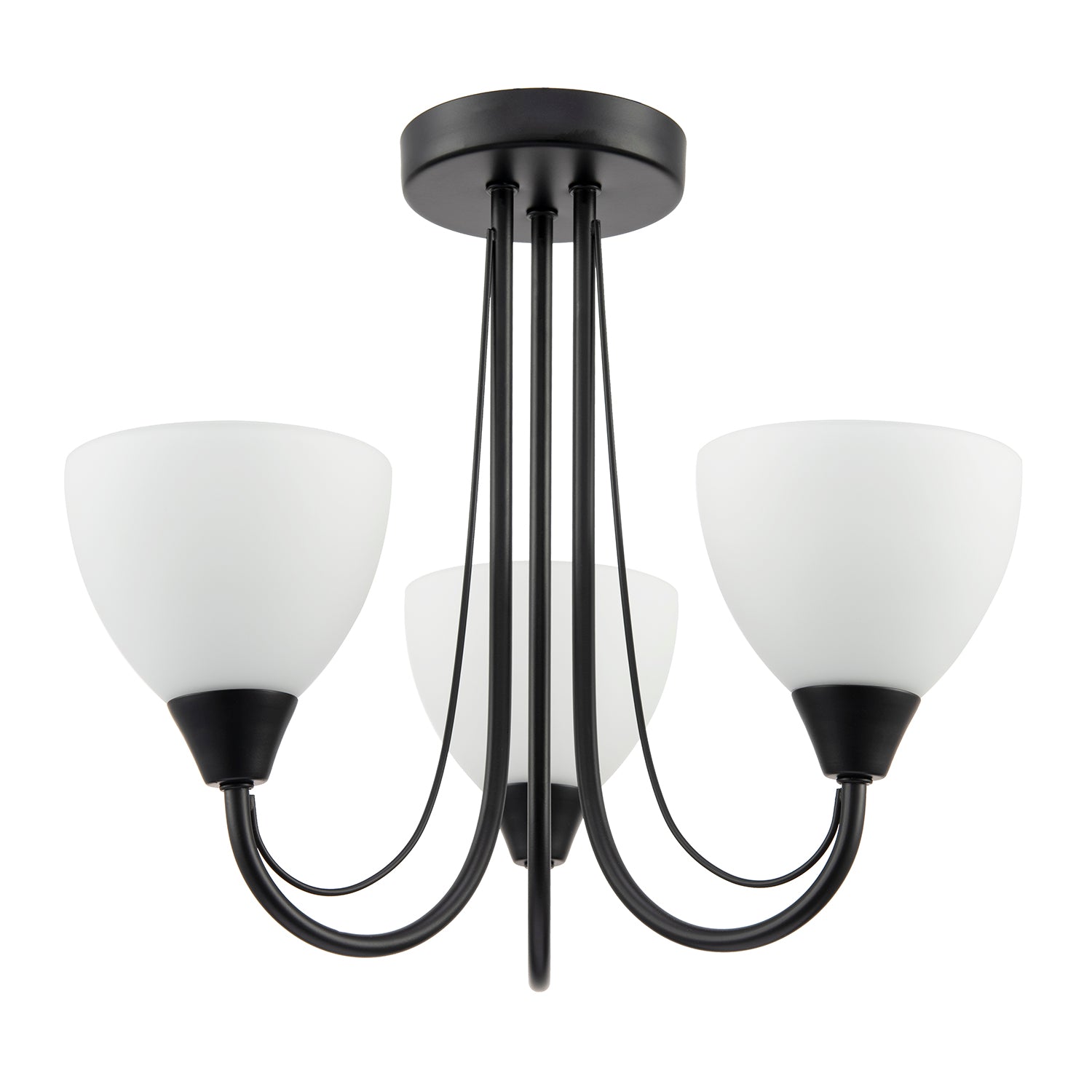 Designer Matte Black Three Arm Ceiling Light with Opal White Glass Shades Image 2