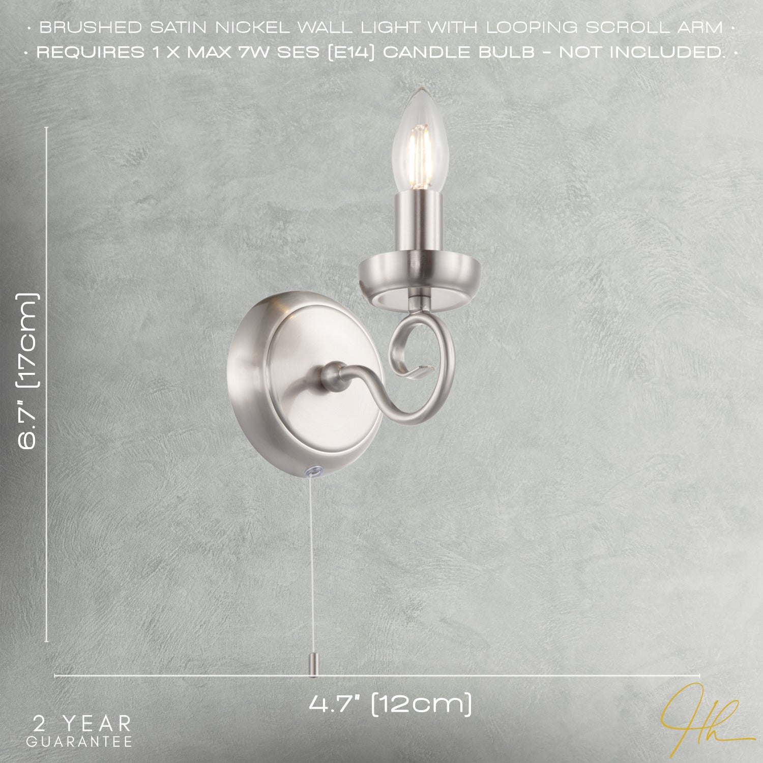 Traditional Satin Nickel Wall Light with Scroll Arm and Pull Switch Image 7