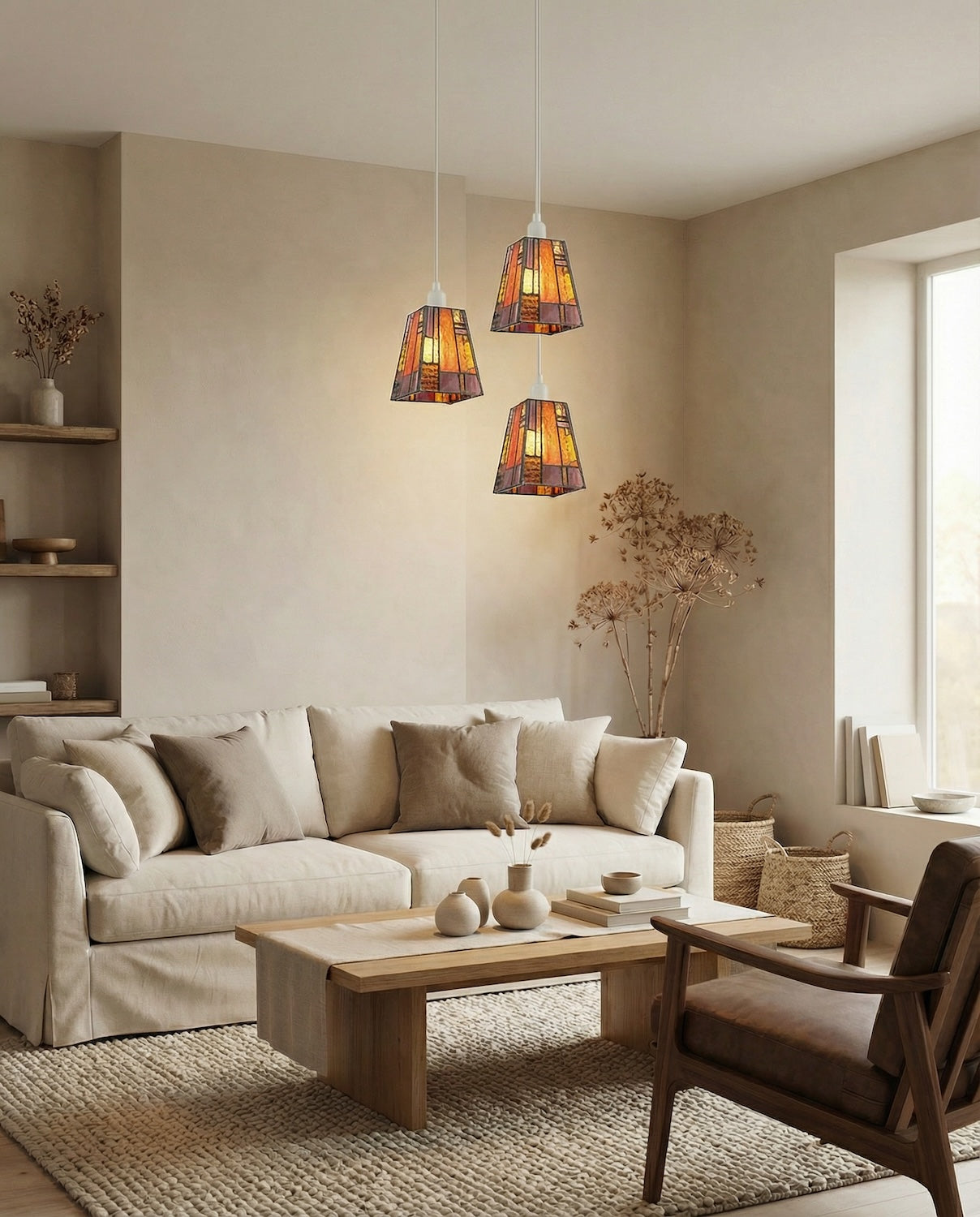 Art Deco Tiffany Glass Pendant Shade with Orange and Amber Panels Image 6