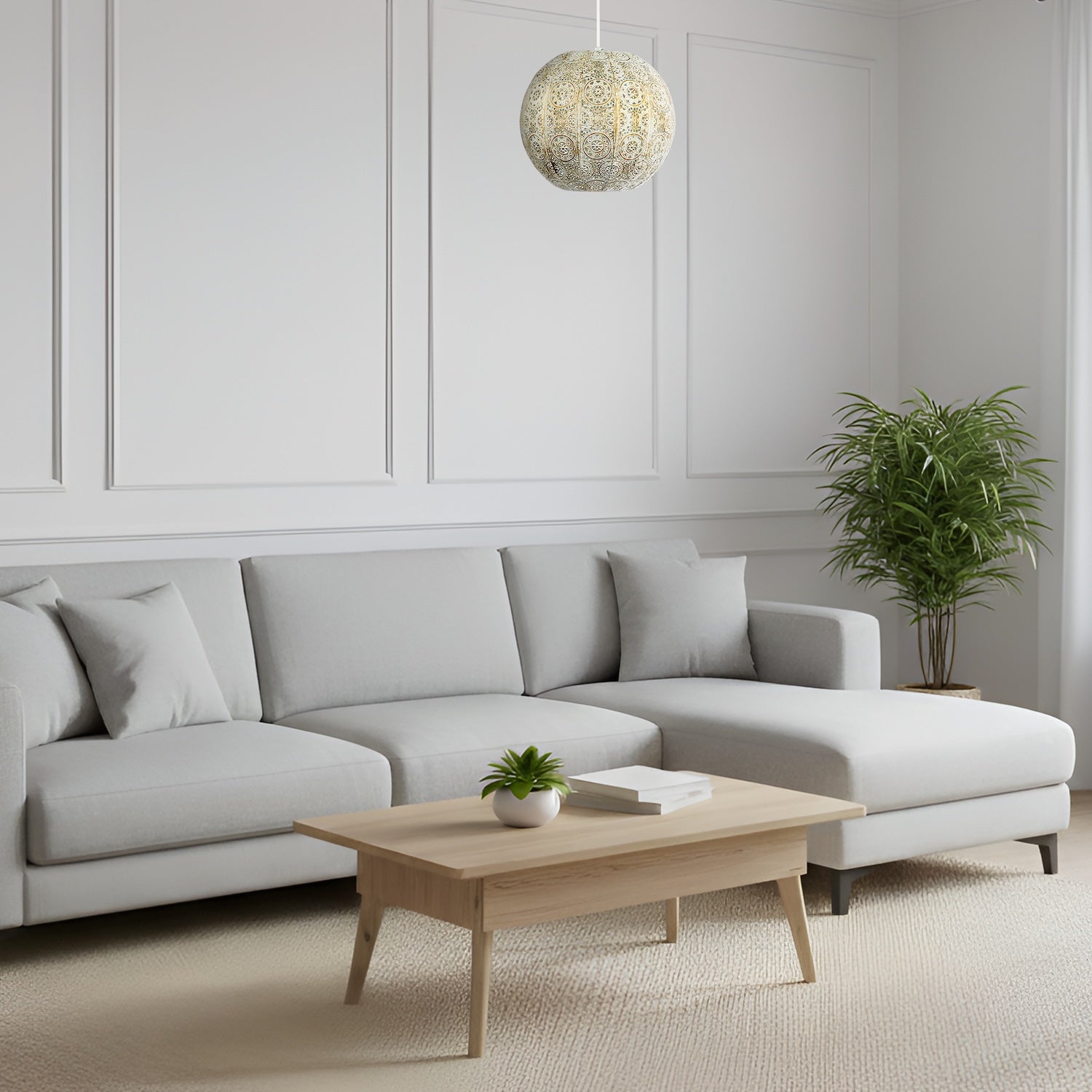 Spherical Vintage Moroccan Pendant Lamp Shade in Brushed Cream Gold Image 6