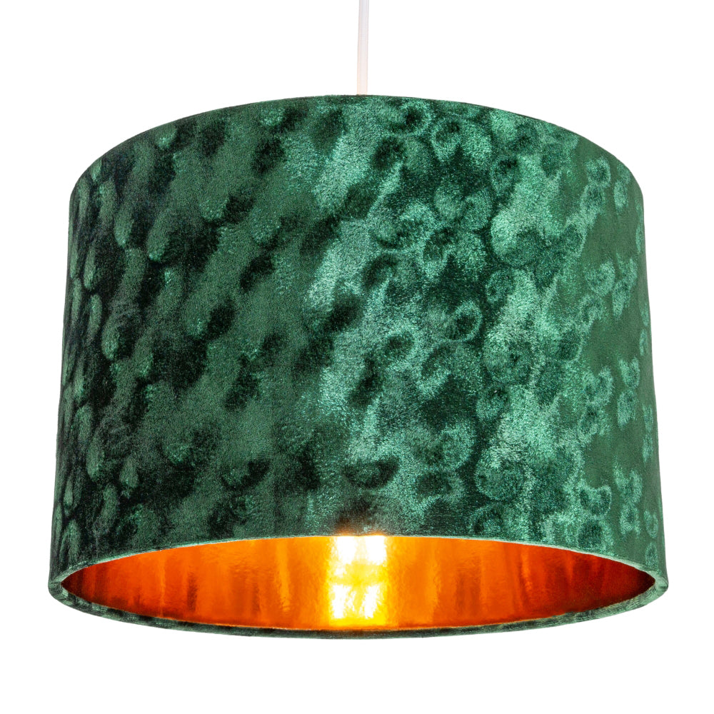 Modern Metallic Green Hammered Effect Crushed Velvet 12" Shade with Copper Inner Image 2