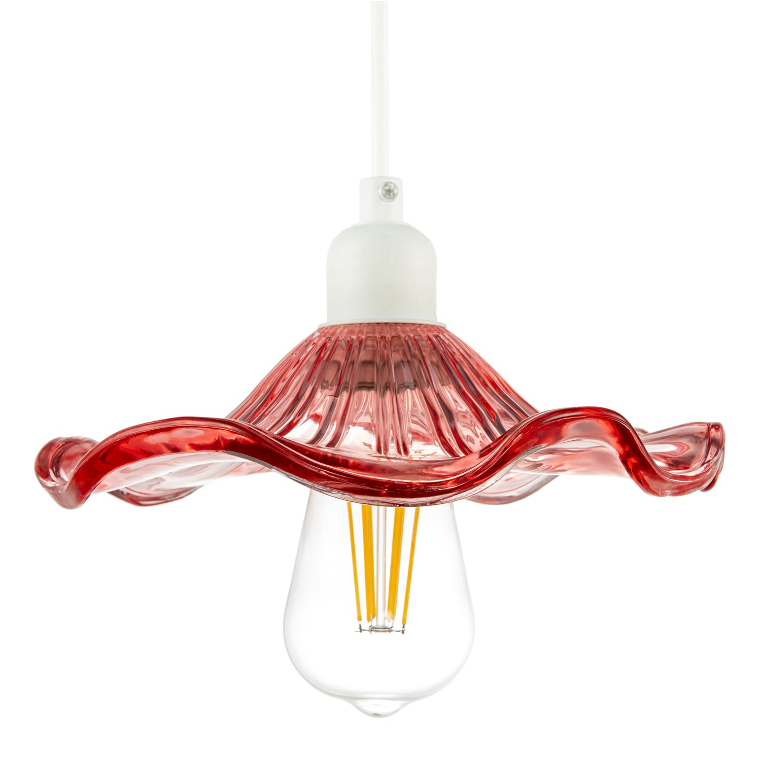 Designer Ribbed Rose Pink Glass Pendant Shade with Wavy Ruffled Edge Image 1
