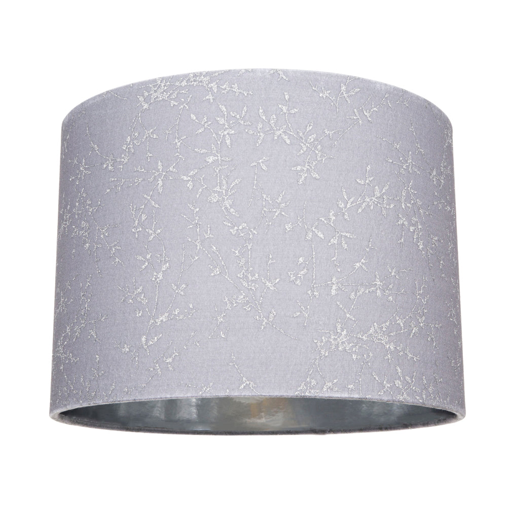 Modern Grey Cotton Fabric 10" Lamp Shade with Silver Foil Floral Decoration Image 1