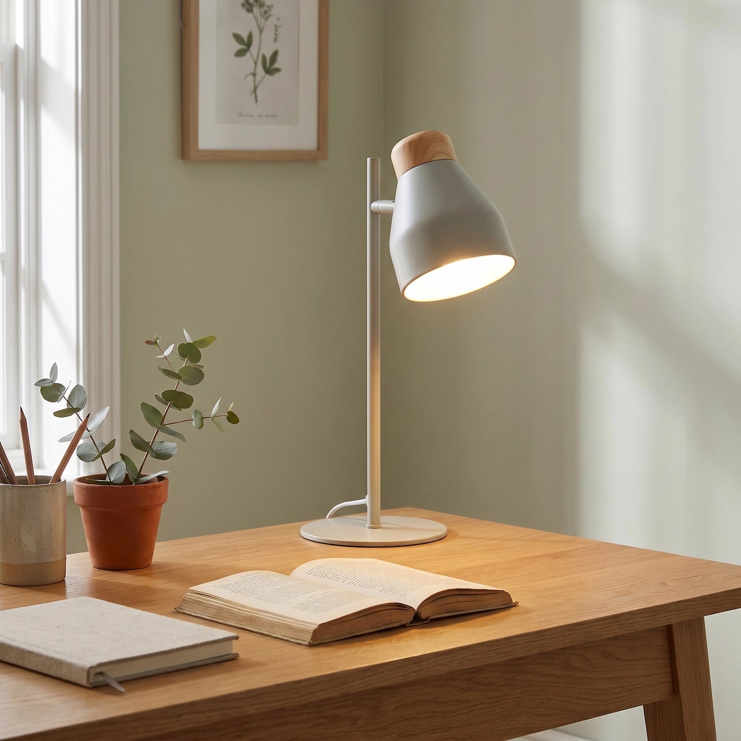 Muted Dove Grey Scandinavian Designed Table Desk Lamp with Wooden Trim Image 6