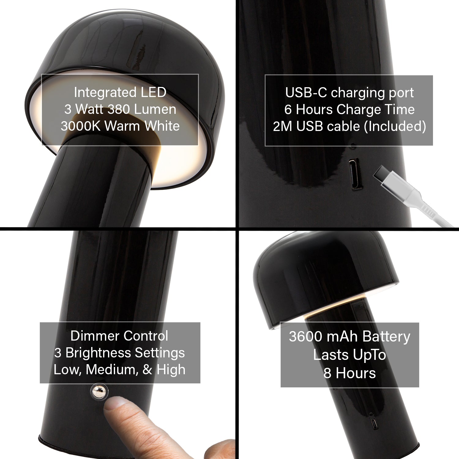 Gloss Black Modern Mushroom Style Rechargeable LED Touch Dimmable Table Lamp Image 4