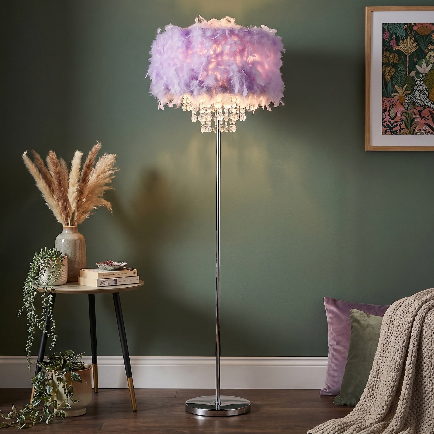 Modern Chandelier Style Lilac Feather Floor Lamp with Waterfall Drops Image 6