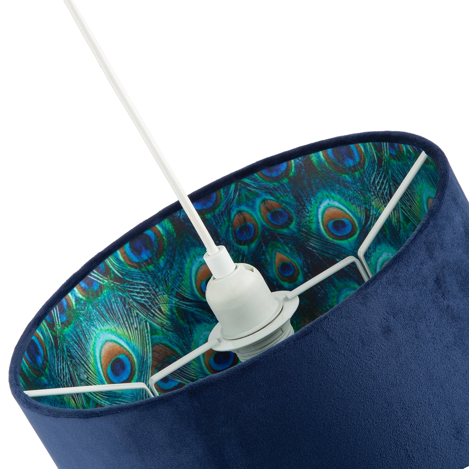 Midnight Blue Velvet Lamp Shade with Colourful Peacock Feather Inner Image 5